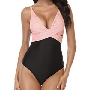 Block Color One Piece Swimsuit Womens XL Peach Pink Black Crossover Neckline NWT